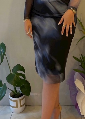 Şeffaf lacivert mavi siyah  Midi Elbise - Görsel 3