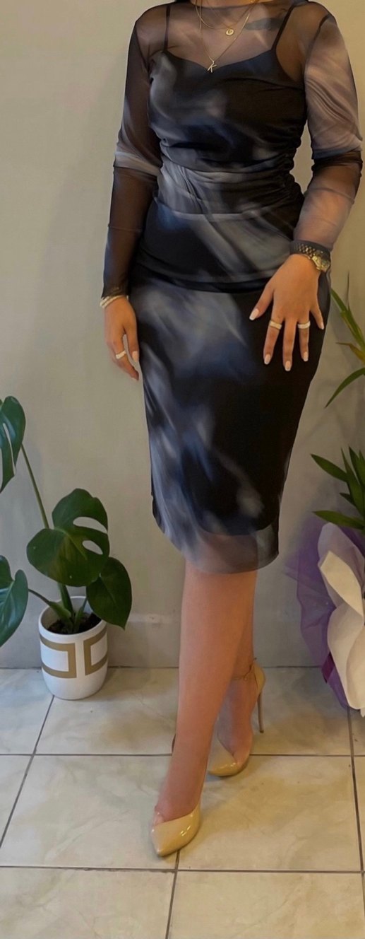 Şeffaf lacivert mavi siyah  Midi Elbise - Görsel 3