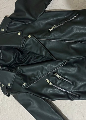 Kadın Siyah Deri Biker Ceket - Görsel 5