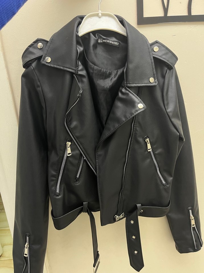 Kadın Siyah Deri Biker Ceket - Görsel 2