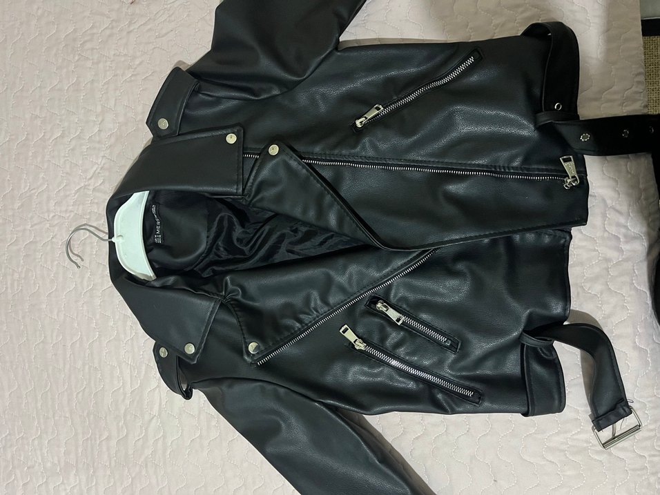 Kadın Siyah Deri Biker Ceket - Görsel 5