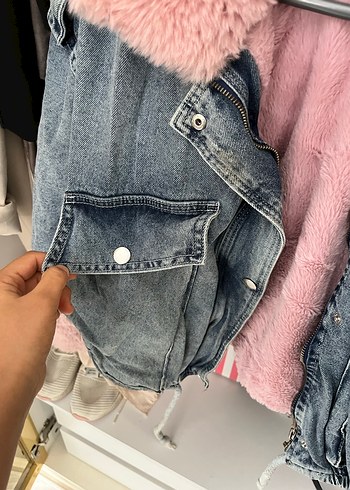 m Beden pembe Renk Pembe Kürklü Kadın Denim Ceket Mont