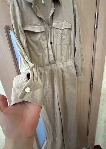 Bej Uzun Kollu Keten Tulum - Görsel 2