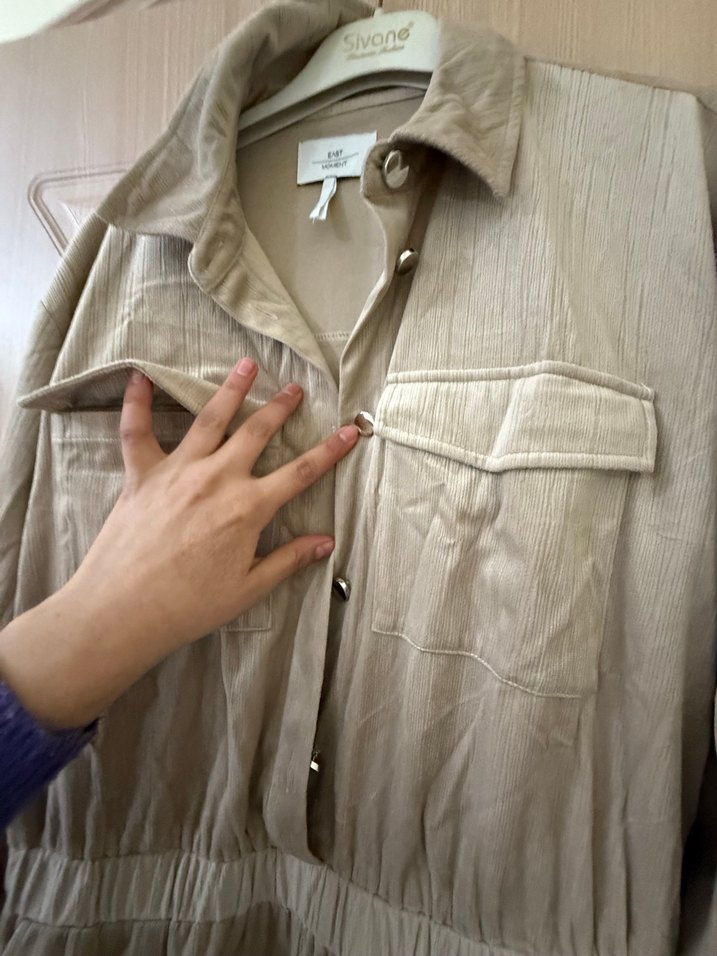 Bej Uzun Kollu Keten Tulum - Görsel 3