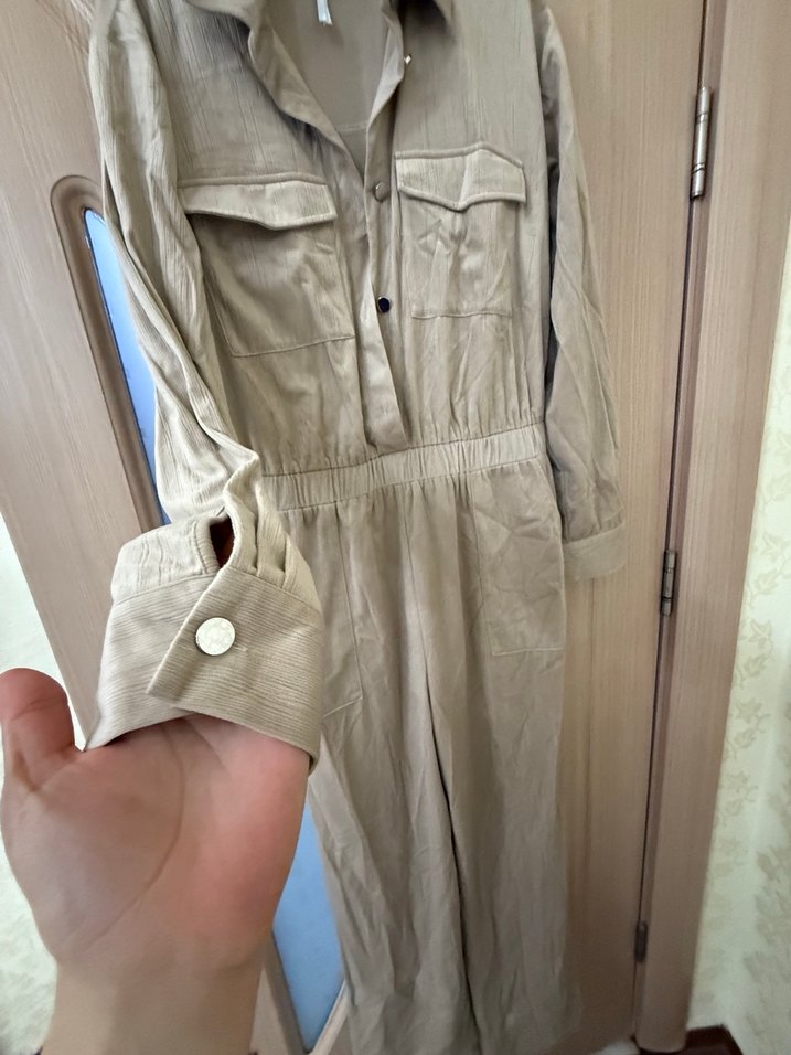 Bej Uzun Kollu Keten Tulum - Görsel 2