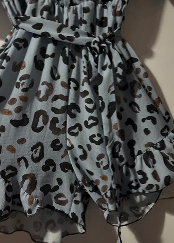 bebek mavisi Leopar Desenli Midi Kadın sortlu tulum - Görsel 3