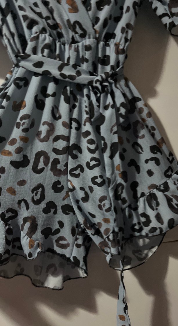 bebek mavisi Leopar Desenli Midi Kadın sortlu tulum - Görsel 3