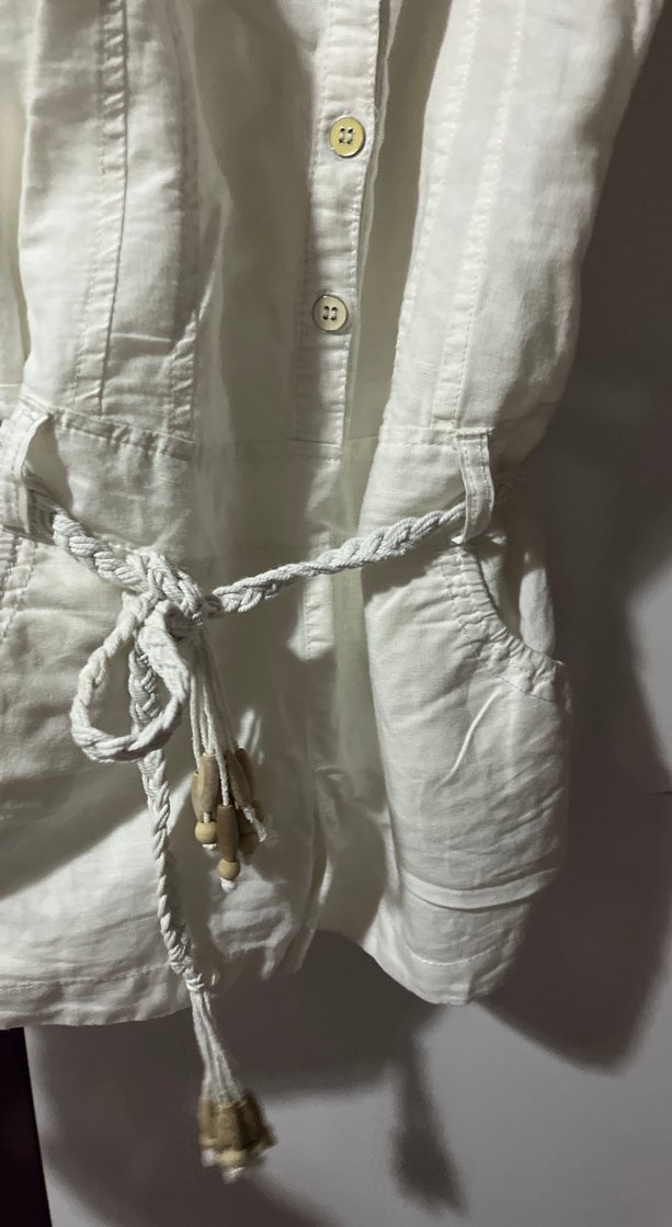 Kadın Beyaz Keten Düğmeli Midi Tulum - Görsel 2