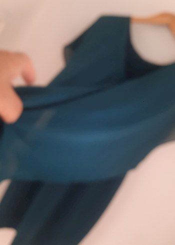 petrol yeşili Yakası boncuk işli tül detaylı gece abiye kadın - Görsel 6