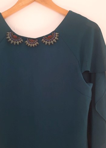 petrol yeşili Yakası boncuk işli tül detaylı gece abiye kadın - Görsel 9