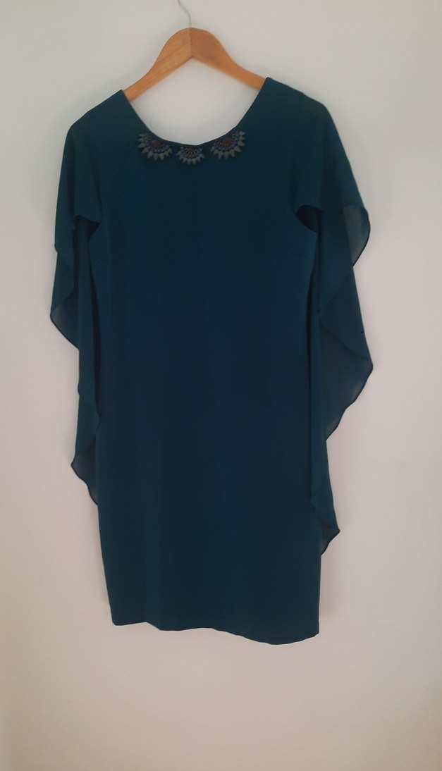 petrol yeşili Yakası boncuk işli tül detaylı gece abiye kadın - Görsel 2