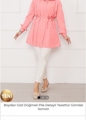 Pembe Kadın Keten Gömlek, Uzun Kollu, Düğmeli - Görsel 2