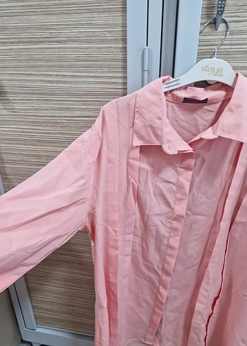 Pembe Kadın Keten Gömlek, Uzun Kollu, Düğmeli - Görsel 4