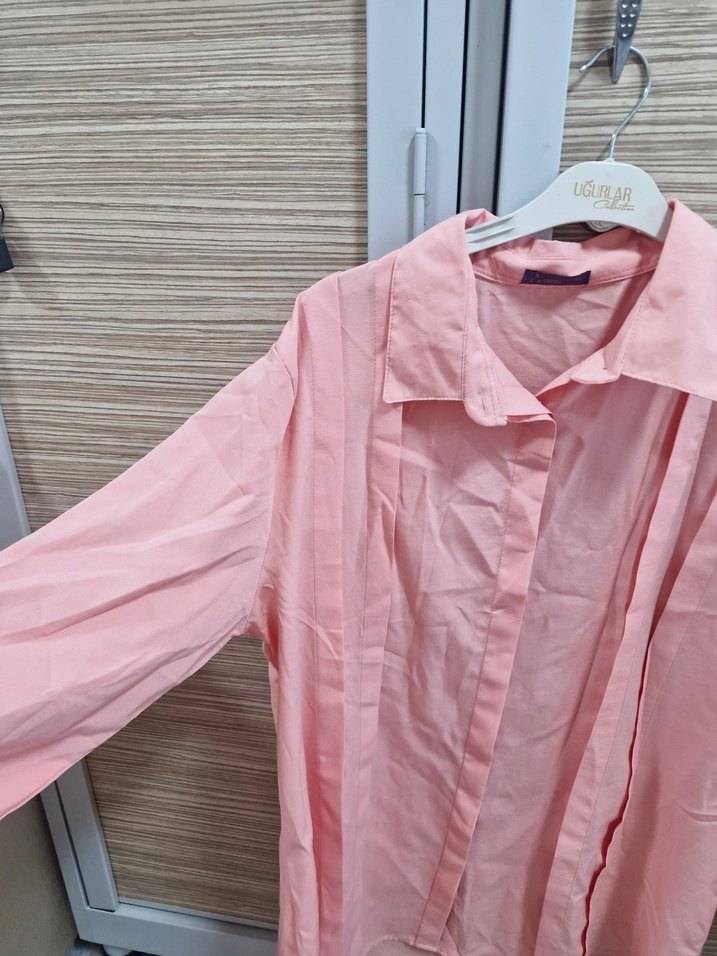 Pembe Kadın Keten Gömlek, Uzun Kollu, Düğmeli - Görsel 4