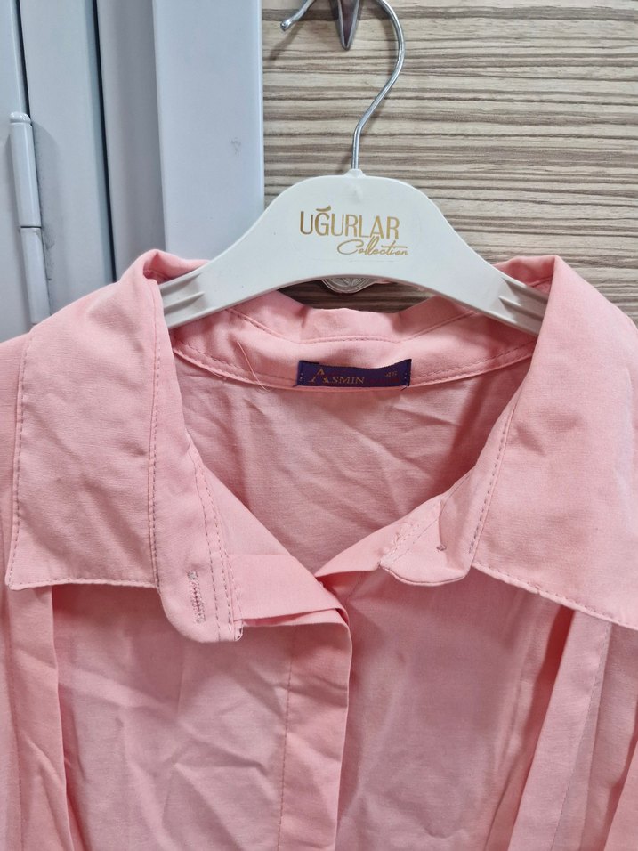 Pembe Kadın Keten Gömlek, Uzun Kollu, Düğmeli - Görsel 3