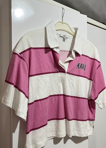 Mavi Beyaz-Pembe Çizgili Kısa Kollu Tişört - Görsel 3