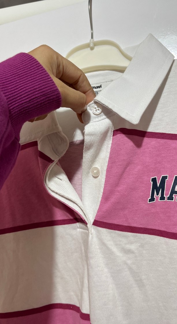 Mavi Beyaz-Pembe Çizgili Kısa Kollu Tişört - Görsel 4