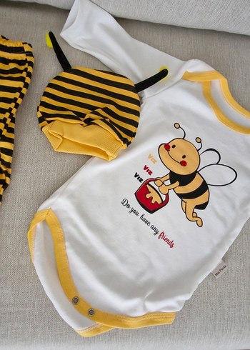 Çizgili Arı Desenli Bebek Takımı 3lü