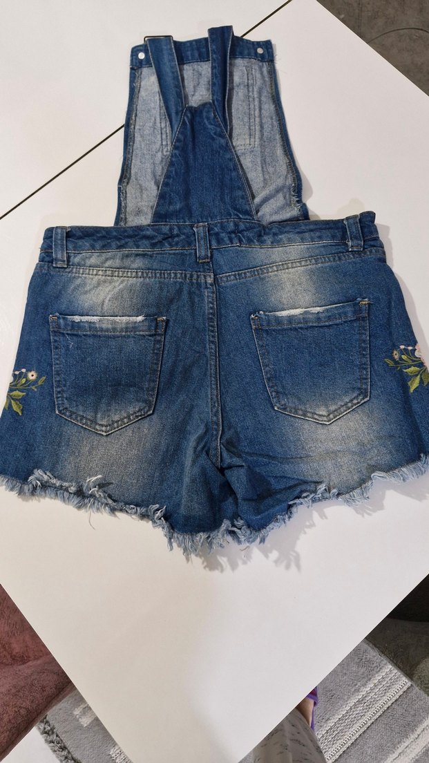 Nakışlı Kot Mini Salopet Şort - Görsel 2