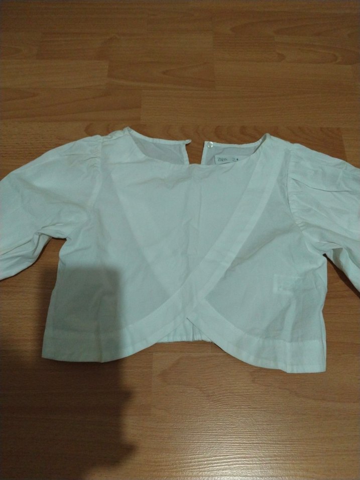 Beyaz Keten V Yaka Düğmeli Kiz çocuk zara bluz - Görsel 3