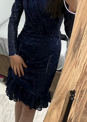 Lacivert Drapeli Uzun Kadın Abiye Elbise - Görsel 3