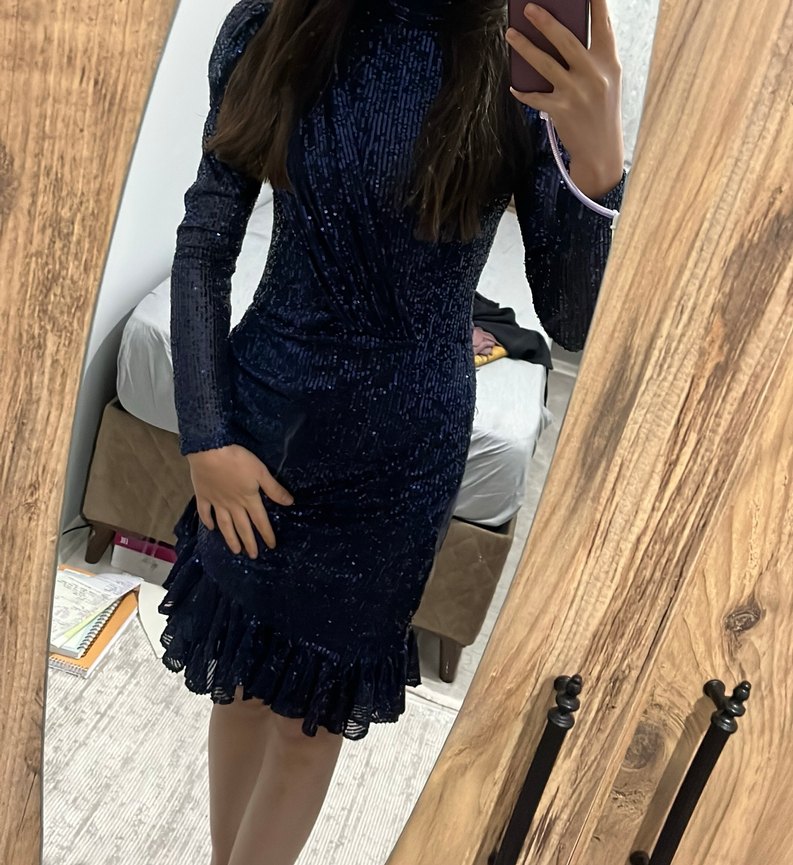 Lacivert Drapeli Uzun Kadın Abiye Elbise - Görsel 4