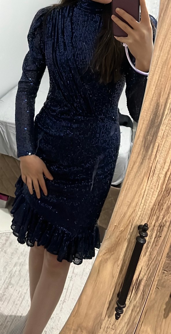 Lacivert Drapeli Uzun Kadın Abiye Elbise - Görsel 3