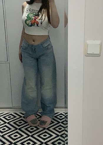 Bershka baggy düşük bel Kadın Gri Mavi Bol Kesim Kot Pantolon