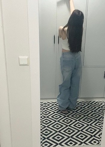 36 Beden Bershka baggy düşük bel Kadın Gri Mavi Bol Kesim Kot Pantolon