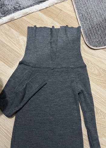 Gri Straplez Uzun Kollu Kadın Triko kazak - Görsel 2