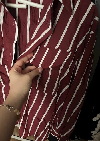 xl Beden bordo Renk Bordo Çizgili Kadın Gömlek