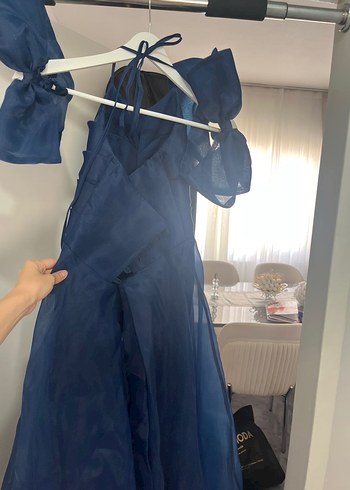 Pullu Lacivert Uzun Kadın Abiye Elbise - Görsel 3