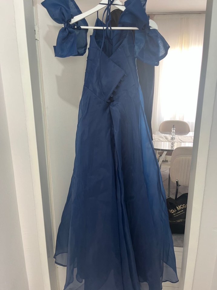 Pullu Lacivert Uzun Kadın Abiye Elbise - Görsel 5