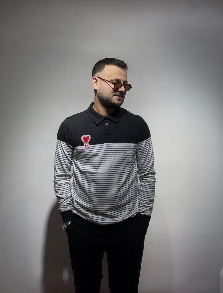 Gri Çizgili Polo Yaka Erkek Sweatshirt AMİ MARKA - Görsel 2