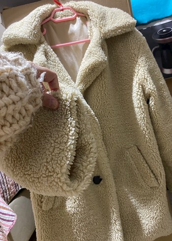 Bej Midi Boy Peluş Kadın Kaban - Görsel 3