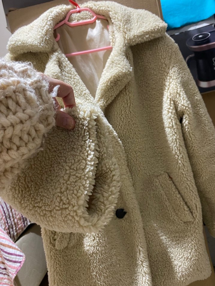 Bej Midi Boy Peluş Kadın Kaban - Görsel 3