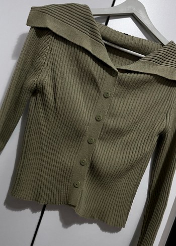 Yeşil  Düğmeli Fitilli Triko Kadın Kazak - Görsel 3