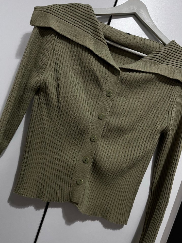 Yeşil  Düğmeli Fitilli Triko Kadın Kazak - Görsel 3