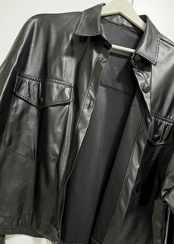 Düğmeli Siyah Deri Kadın Ceket - Görsel 2