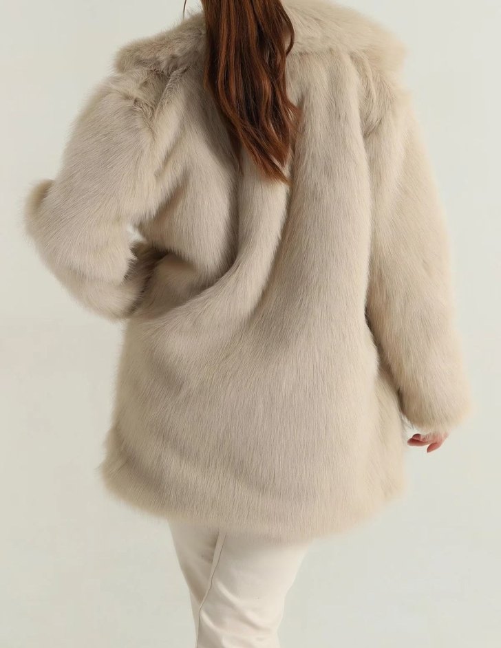 Bej Kadın Kürk Detaylı Midi Kaban - Görsel 4