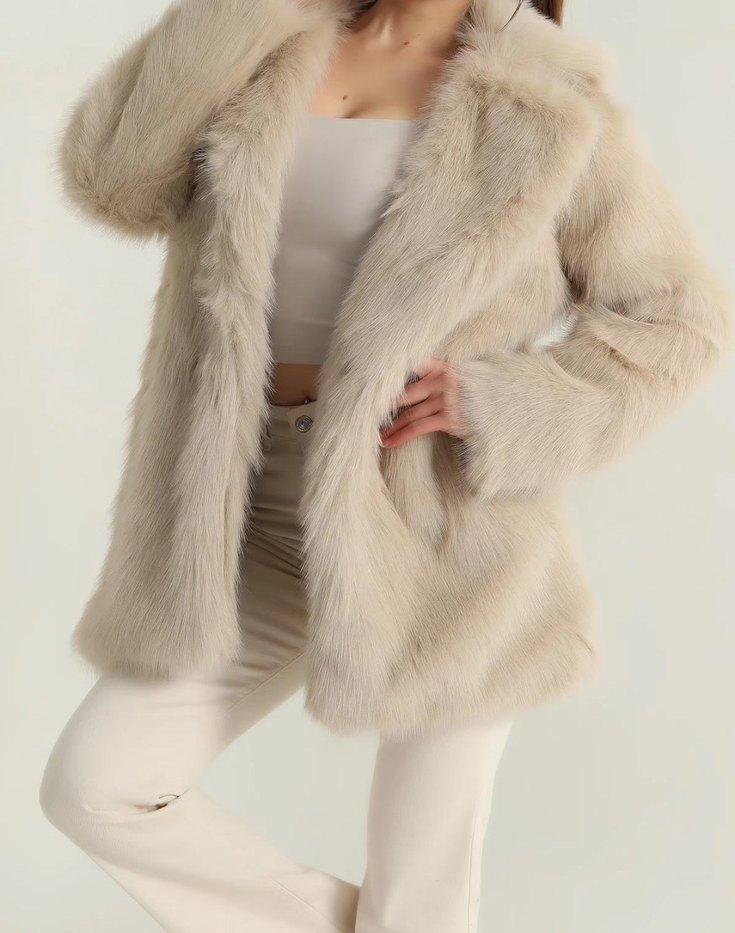 Bej Kadın Kürk Detaylı Midi Kaban - Görsel 3