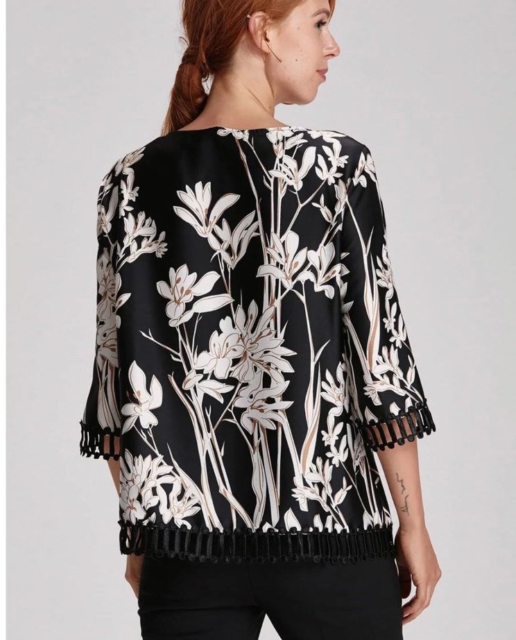 Püsküllü Siyah Çiçek Desenli Bohem Bluz - Görsel 2