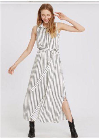 Çizgili Beyaz Kadın Uzun Elbise - Görsel 2