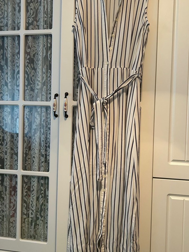 Çizgili Beyaz Kadın Uzun Elbise - Görsel 4