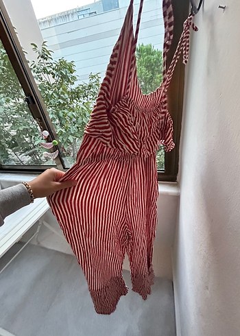 Kırmızı Çizgili Askılı Uzun Bohem Tulum - Görsel 3