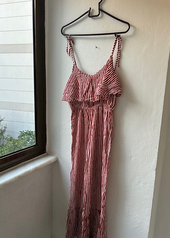 Kırmızı Çizgili Askılı Uzun Bohem Tulum - Görsel 5