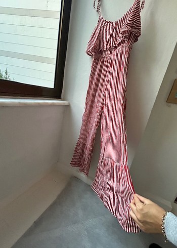 Kırmızı Çizgili Askılı Uzun Bohem Tulum - Görsel 6
