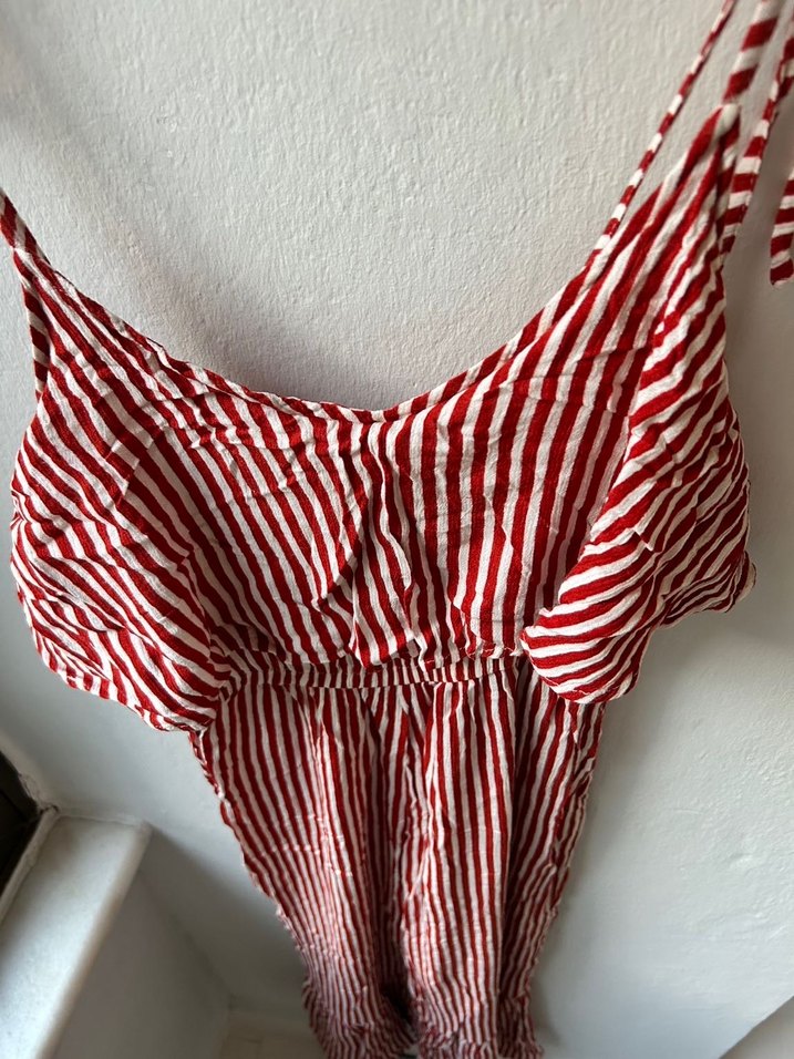 Kırmızı Çizgili Askılı Uzun Bohem Tulum - Görsel 2
