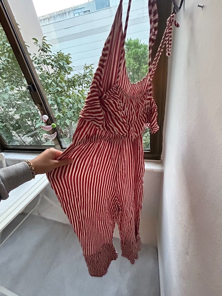 Kırmızı Çizgili Askılı Uzun Bohem Tulum - Görsel 3