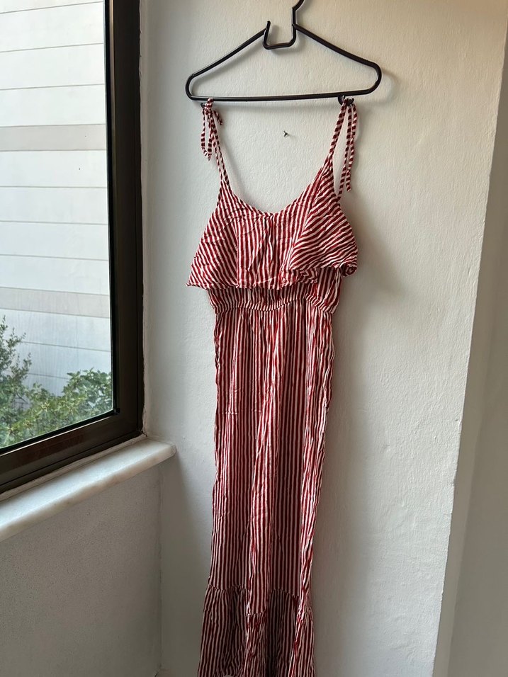 Kırmızı Çizgili Askılı Uzun Bohem Tulum - Görsel 5